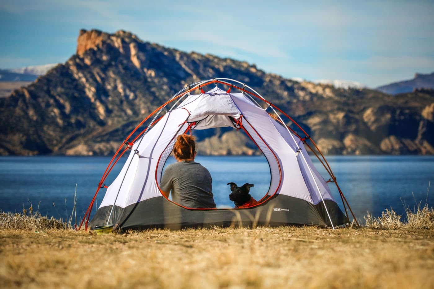A lady and a dog sitting in a tent overlooking the water.